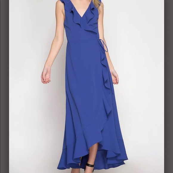 Sleeveless maxi wrap dress with ruffle detailing in a gorgeous shade of blue. - Picture 4 of 10